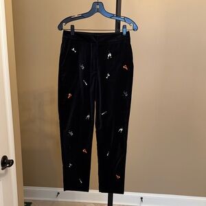 Vineyard Vines Black Velvet Pants with Embroidered cocktails Size 2.